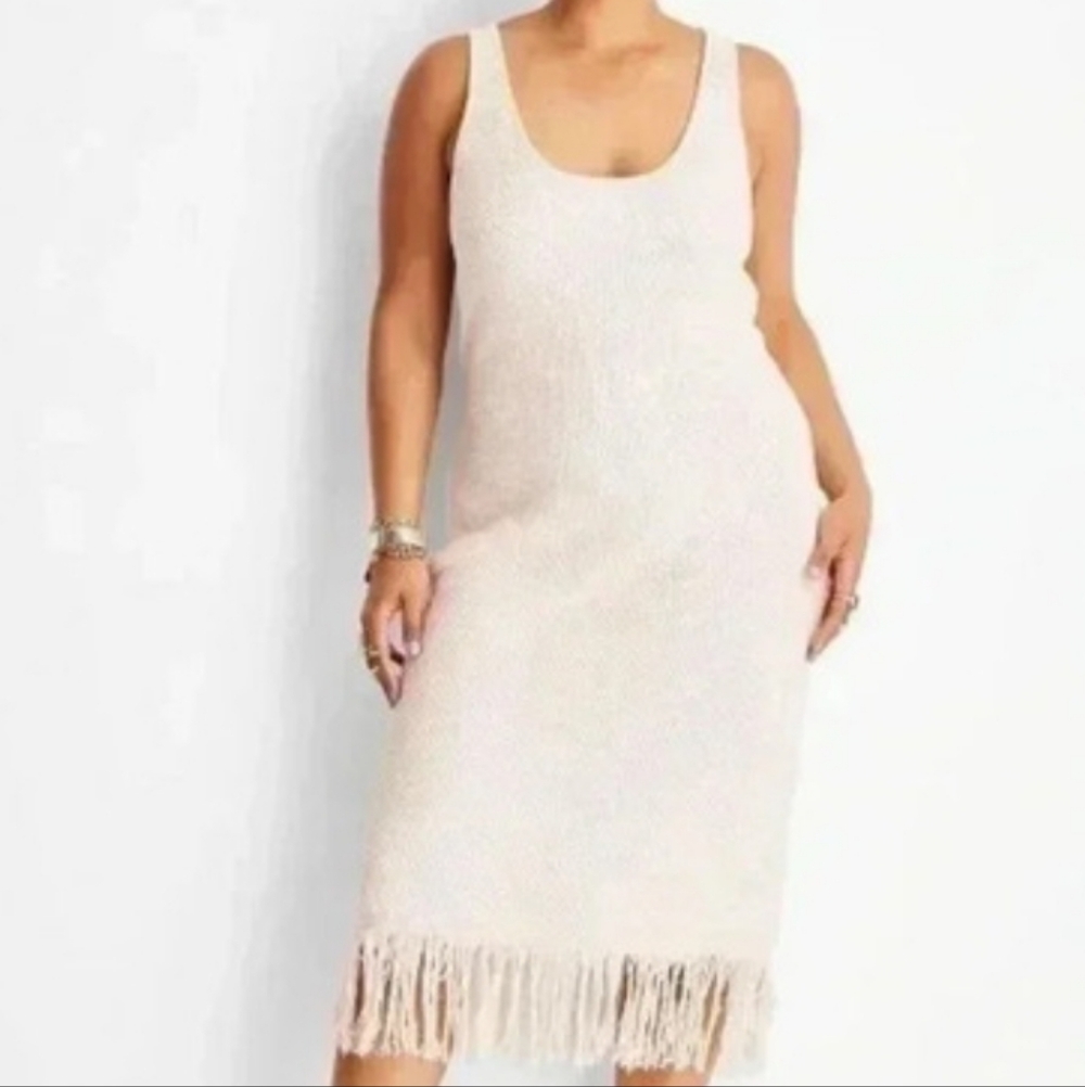 Future Collective Alani Noelle Crochet Fringe Hem Midi Dress, L, Cream